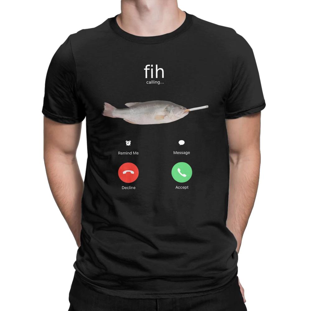 Novelty Fih Calling TShirt for Men Women Round Neck Pure Cotton T Shirt Fish Is Smoking Short Sleeve Tee Shirt Graphic Clothing