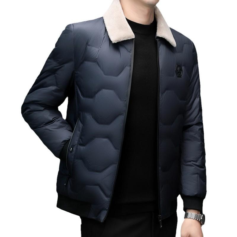Men's Wool Collar Lightweight Down Jacket - Fashionable, Warm, Short Lapel Winter Coat for Middle-Aged