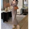 Elegant V-Neck Knit Midi Dress Women Slim Fit Long Sleeve Wrap Front Button Up Winter Office Wear