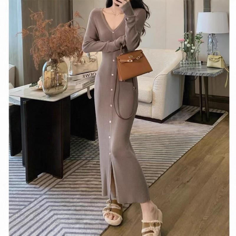 Elegant V-Neck Knit Midi Dress Women Slim Fit Long Sleeve Wrap Front Button Up Winter Office Wear