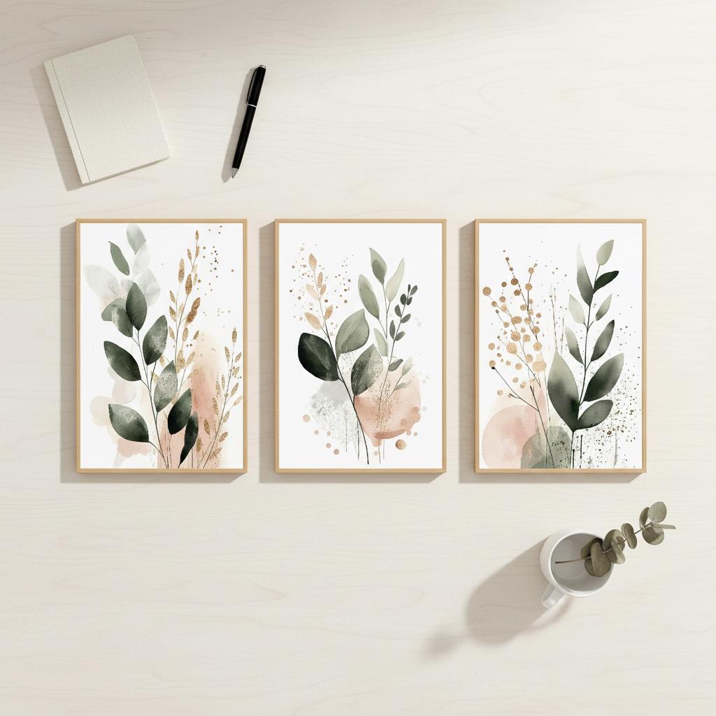Set di Pitture ad Acquerello di Foglie di Eucalipto per Parete, Stampe su Tela Botaniche Color Salvia Rosa Blush Neutro, Decorazioni per la Casa Minimaliste Boho