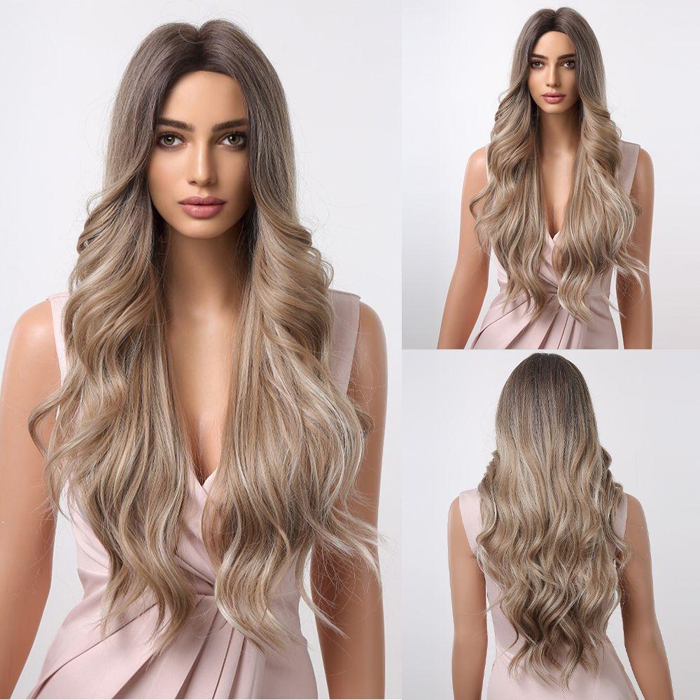 ALAN EATON Long Water Wavy Dark Brown Synthetic Wigs Middle Part Natural Looking Daily Party Wig for Women Heat Resistant Fiber