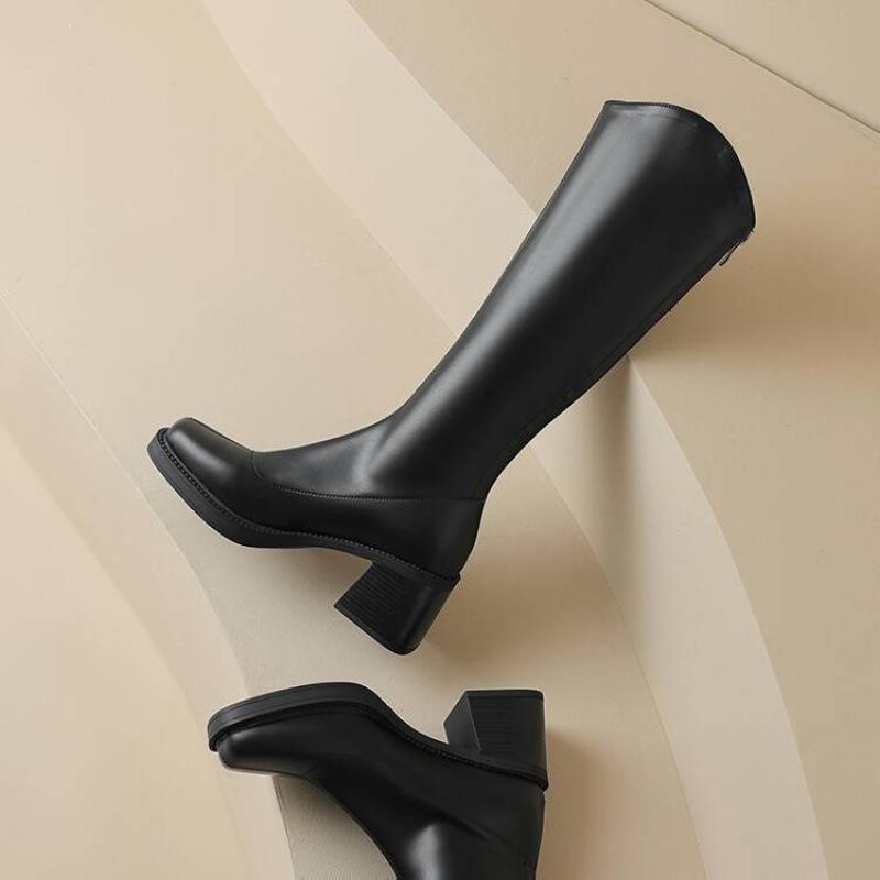 

Autumn and winter women s leather Martin boots solid color comfortable platform high heels new square head rubber sole high boots women 39