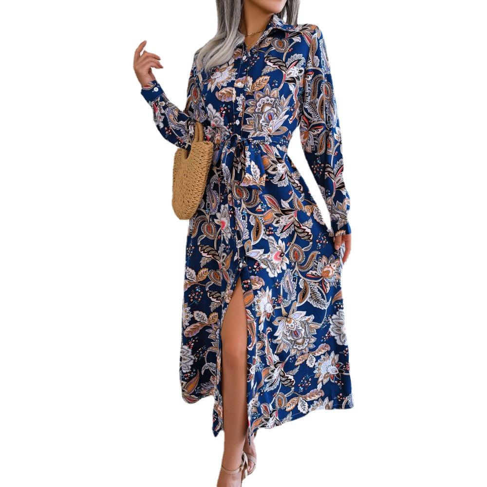 

GMXIA женская мода лето весна винтажная рубашка-юбка на шнуровке длинное платье с цветочным принтом повседневные платья с длинными рукавами и лацканами XL королевский синий