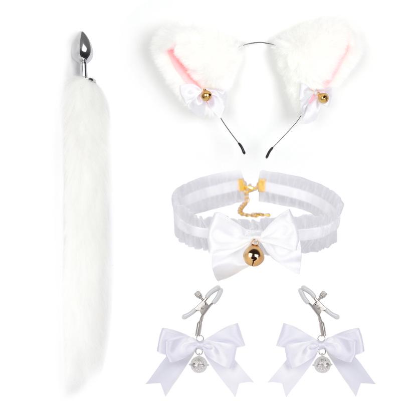 Cat Tail Bell Headband, Anal Plug, Nipple Clamps Flirting Set