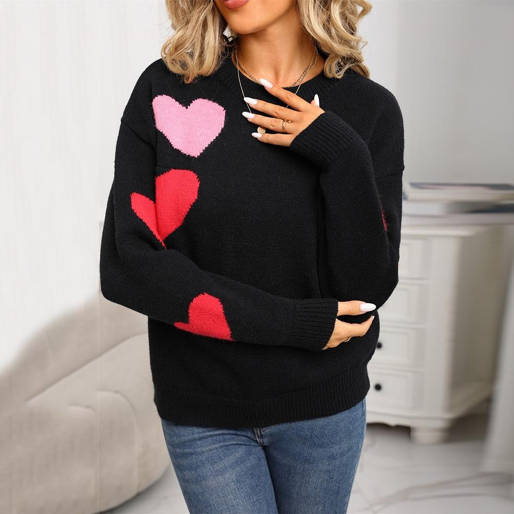 Pulover tricotat nou de Ziua Îndrăgostiților, jacquard, cu gât rotund și mâneci lungi, pentru femei, toamnă și iarnă