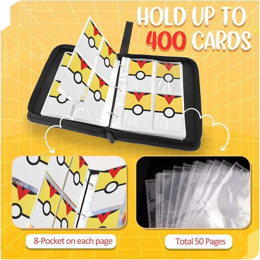 Card Binder 4 Pocket, Trading Card Holder Fits 400 Cards With 50 Removable Sleeves, Portable Collection Card Ablum, Game Card Case book With Zipper