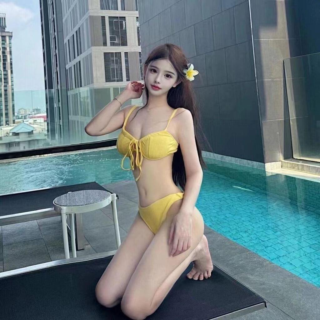 Lemon Yellow Three-Piece Bikini Set - Trendy Xiaohongshu Style for Women, Perfect for Sexy Vacation Photos