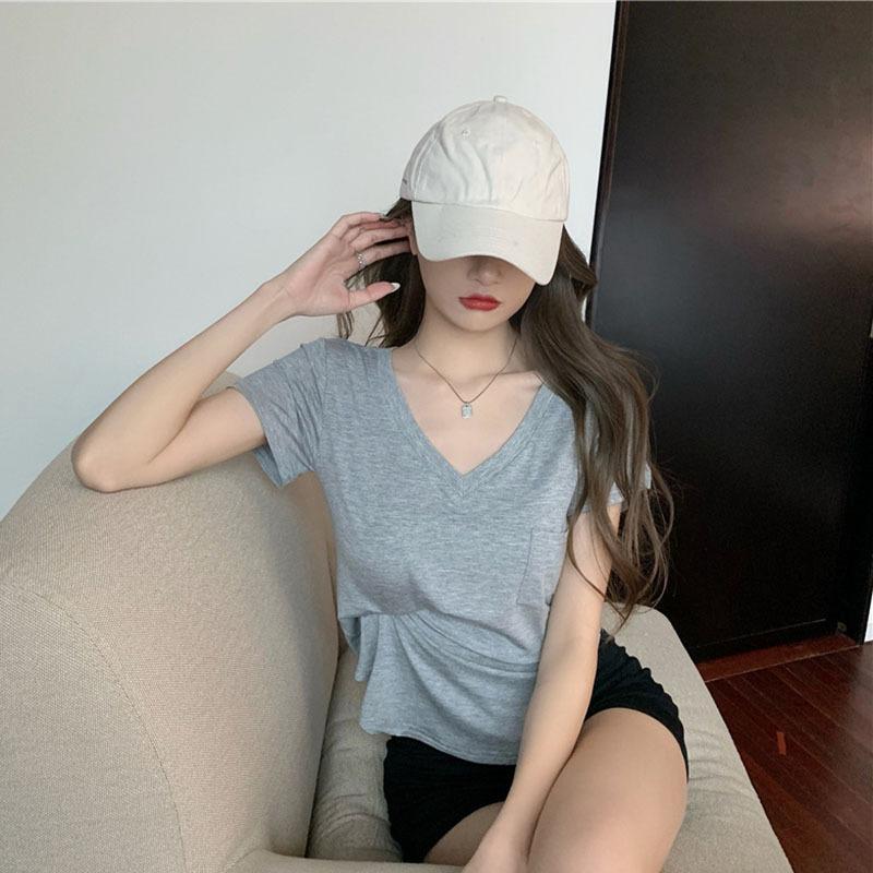 Modal V-neck Short-sleeved Women's T-shirt New Summer T-shirt Korean Style Loose Slimming Irregular Top