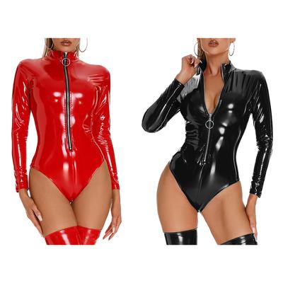 Women's Shiny Wet Look Leather Bodysuit Long Sleeve Zipper Front Skinny Catsuits for Club Party Pole Dance Wear