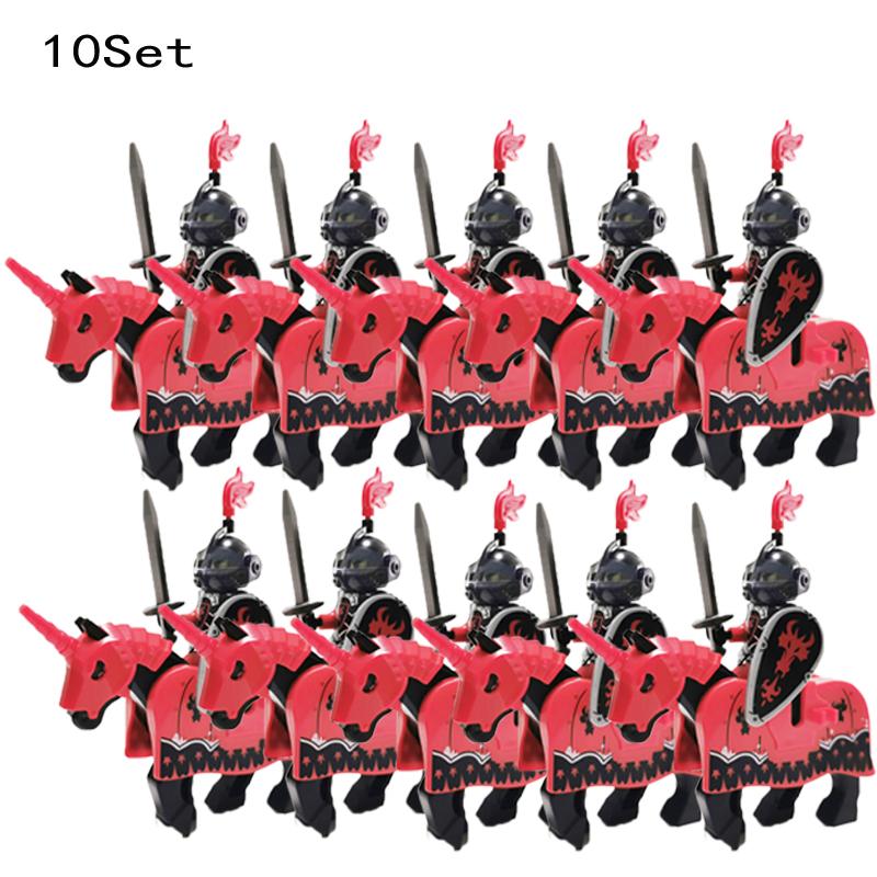 10 Sets Medieval Castle Knight Royal King's Red Dragon Black Warrior Soldier Rider with Horse Building Blocks Toys for Children