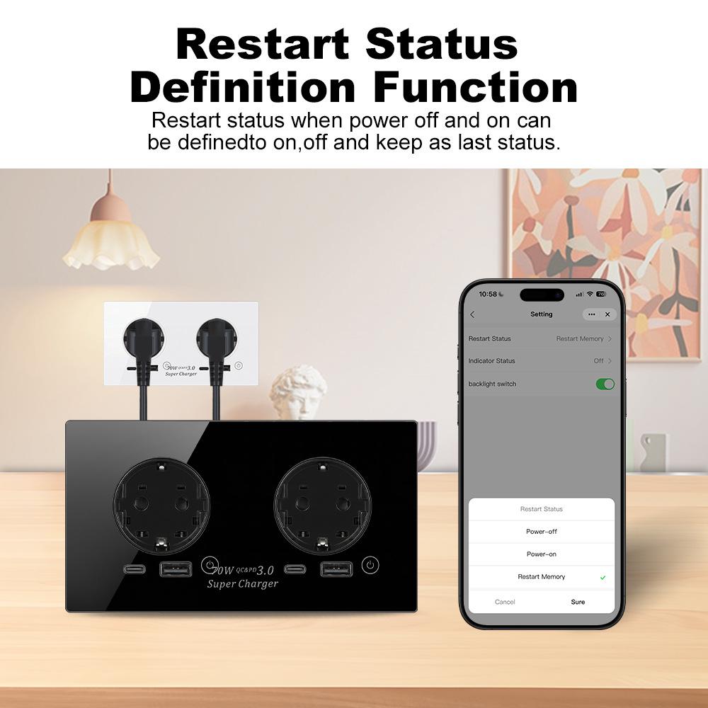 70W Smart Home EU WiFi Dual Socket with Fast USB Charging, Voice Control, Timer, and Power Monitoring