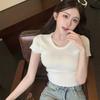 Niche Design Sense Unique Slim-fit High-waisted Short-sleeved T-shirt Pure Desire Wind Spice Girl Back Hollow Drawstring Ins Top Women