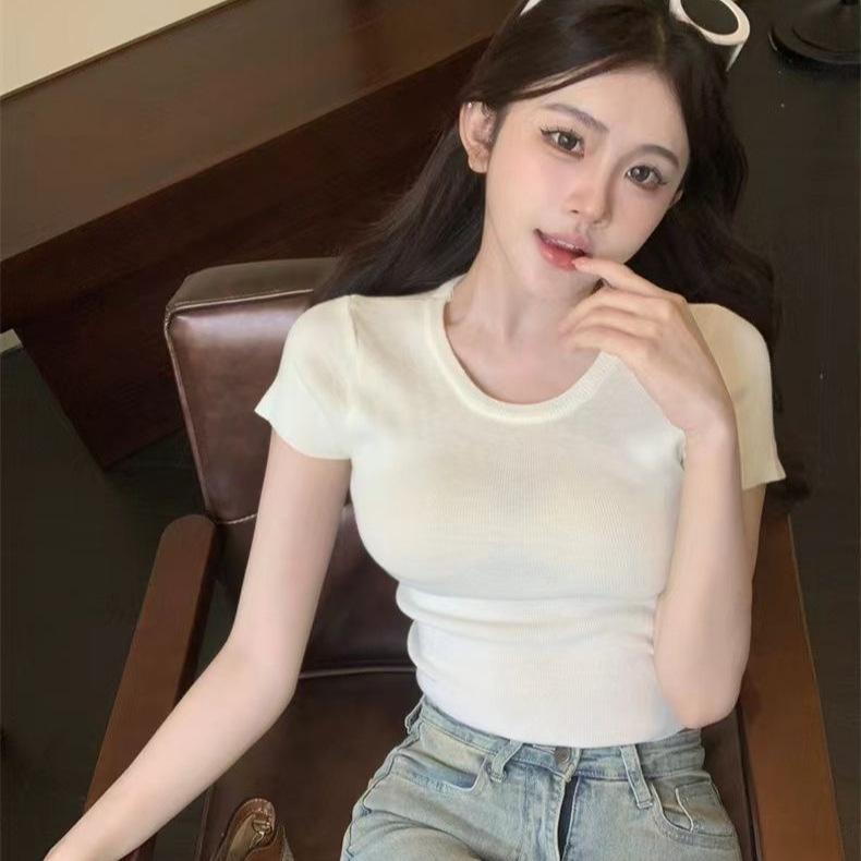 Niche Design Sense Unique Slim-fit High-waisted Short-sleeved T-shirt Pure Desire Wind Spice Girl Back Hollow Drawstring Ins Top Women