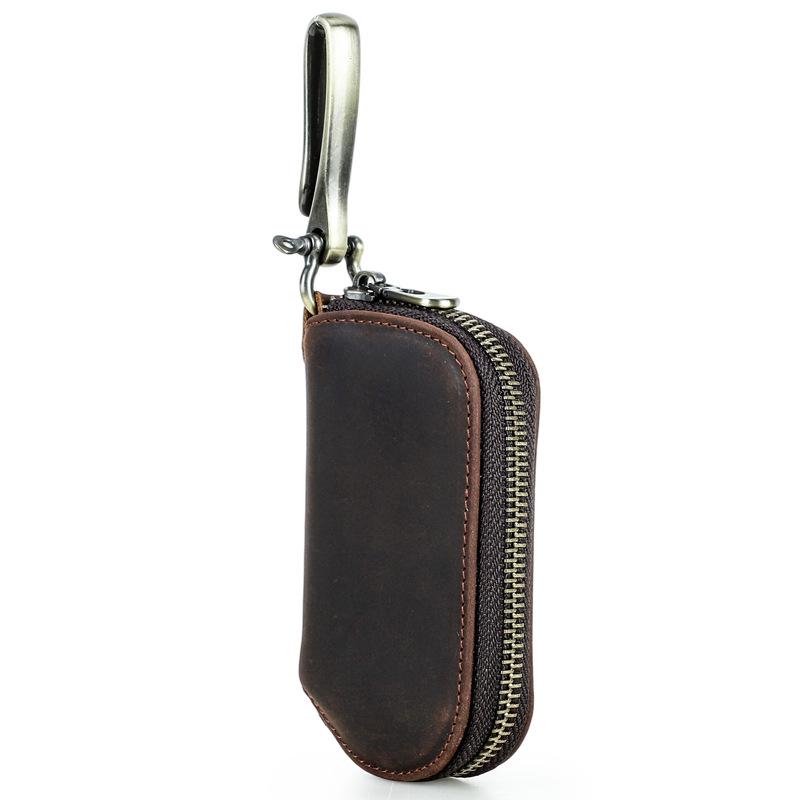 Black Angel Retro Crazy Horse Leather Car Key Holder with Zipper and Hook кофейный