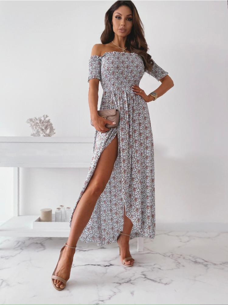 Women Summer Off Shoulder Floral Slim Slit Long Maxi Comfortable Dress Lightweight High Recognition Elegant with Flattering Chic Dress