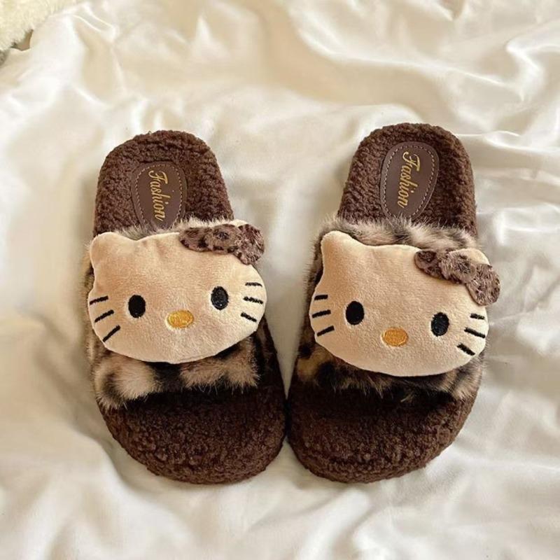 

Леопардовый принт Hello Kitty пушистые тапочки женские зимние нескользящие милые мультяшные домашние тапочки из хлопка 38-39 (one size smaller)