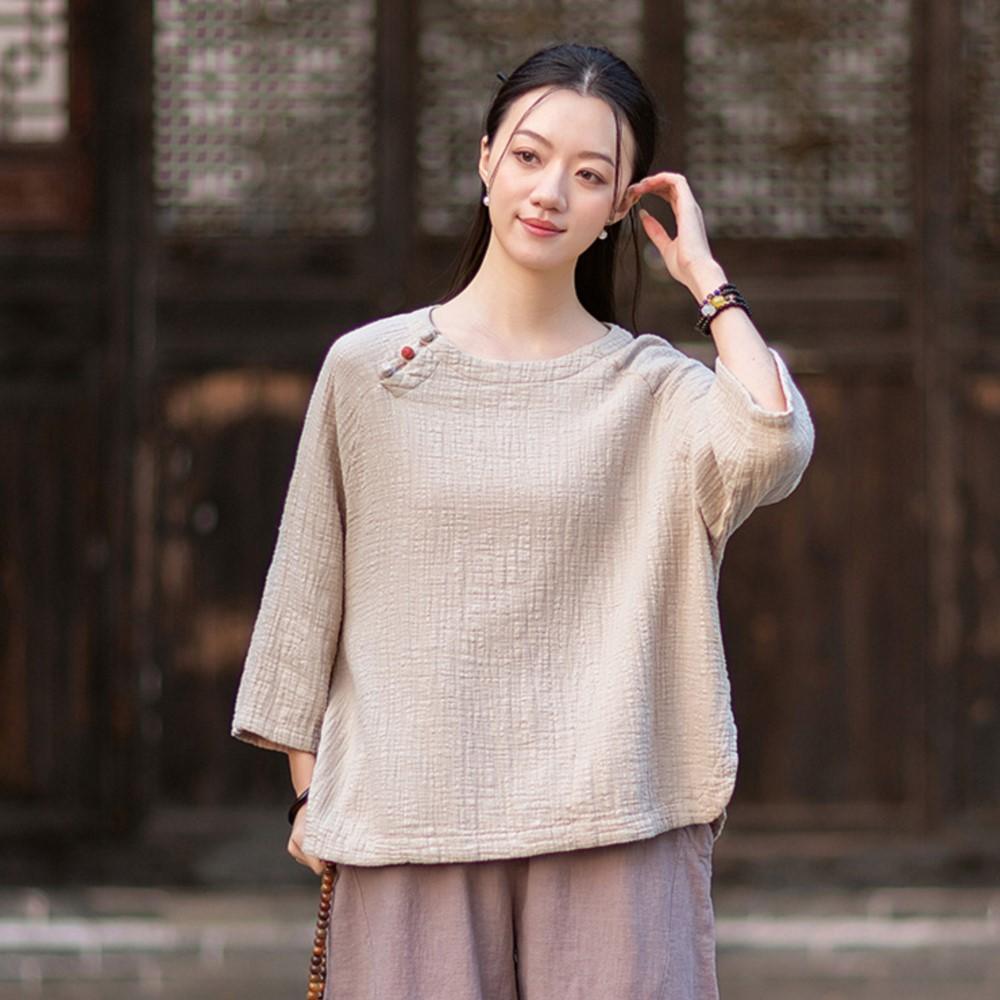Johnature Women Vintage T-Shirts Spring Chinese Style Solid Color Soft O-Neck Seven Sleeve Female T-Shirts
