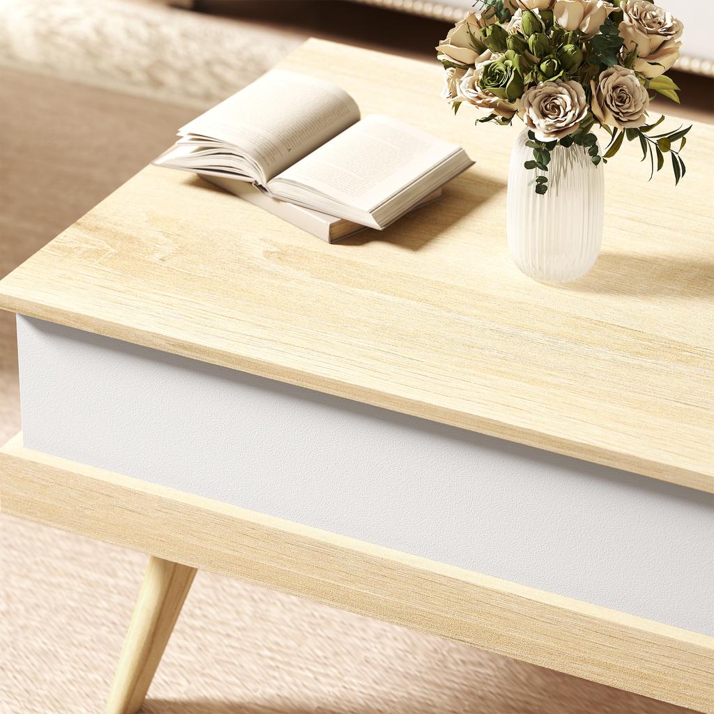 Lift-Top Coffee Table, 3 Hidden Compartments, Wooden Legs, 100 x 79 x 54 cm, Natural White
