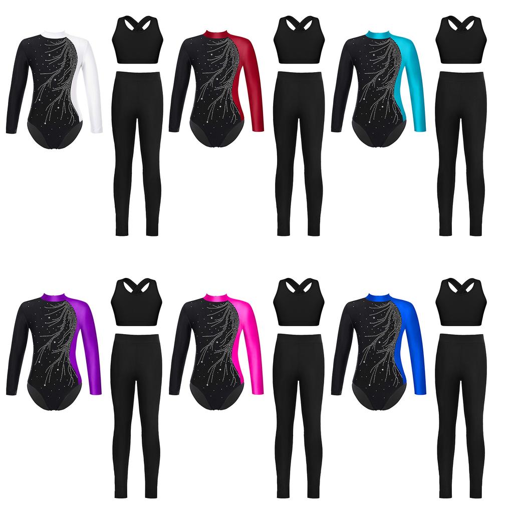 Girls Gymnastics Dance Costume Mock Neck Long Sleeve Keyhole Back Shiny Rhinestones Leotard Set