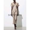 Summer New Product Women's Clothes French Style V-neck Elegant Long Silk Satin Texture Midi Skirt Dress 2330399