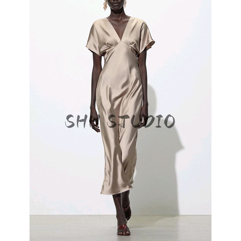 Summer New Product Women's Clothes French Style V-neck Elegant Long Silk Satin Texture Midi Skirt Dress 2330399