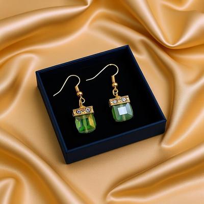 Green Crystal Cube Peridot Element Dangle Stud Earrings