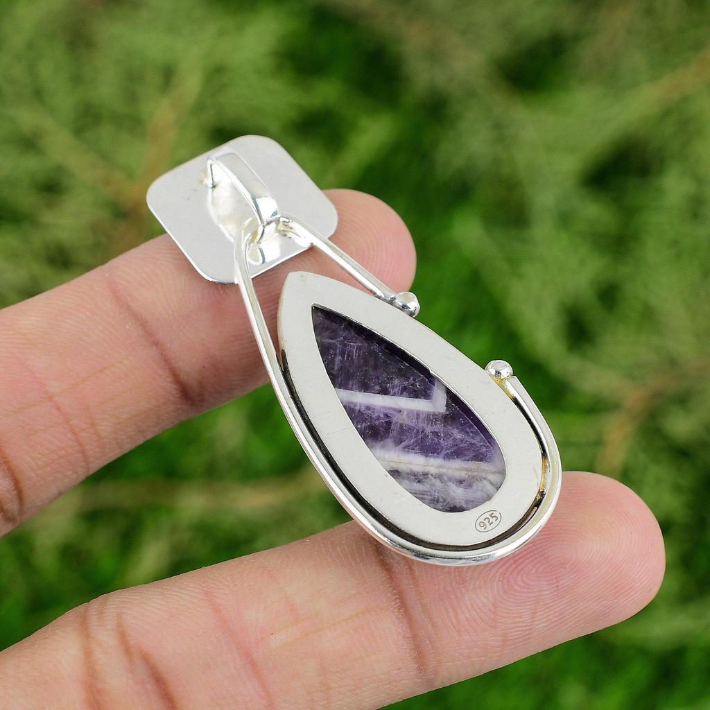 Daughters Day Deal 925 Sterling Silver Natural Chevron Amethyst Pendant Jewelry
