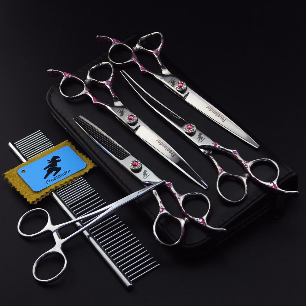 

7 Pink Plum Blossom Pet Grooming Scissors Set: 4-Piece Includes Straight, Bent, Thinning Scissors & Comb