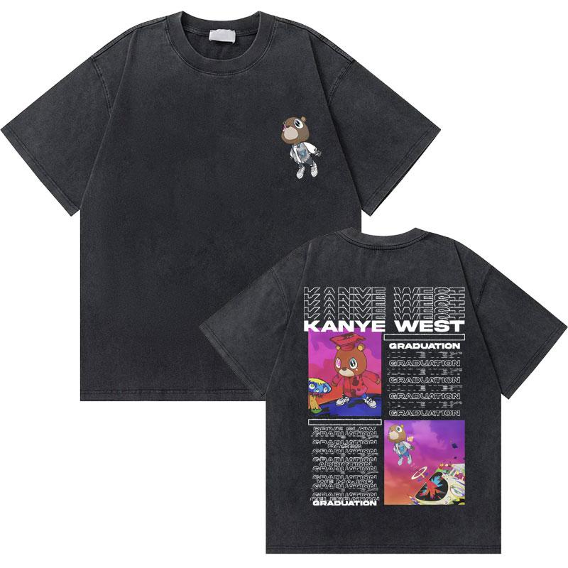 Washed Vintage Rapper Kanye West Graduation Bear Graphic T Shirt Men Pure Cotton Tshirt Mens Hip Hop Fashion Oversized Tshirt