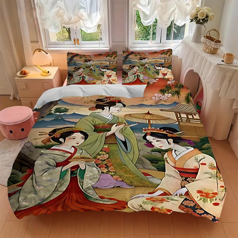 3pcs Anime Kimono Geisha Comforter Set with One Quilt Cover and Two Pillowcases (No Core) - Home Decor, Festival Gift, Polyester Fabric, Anime Cartoon