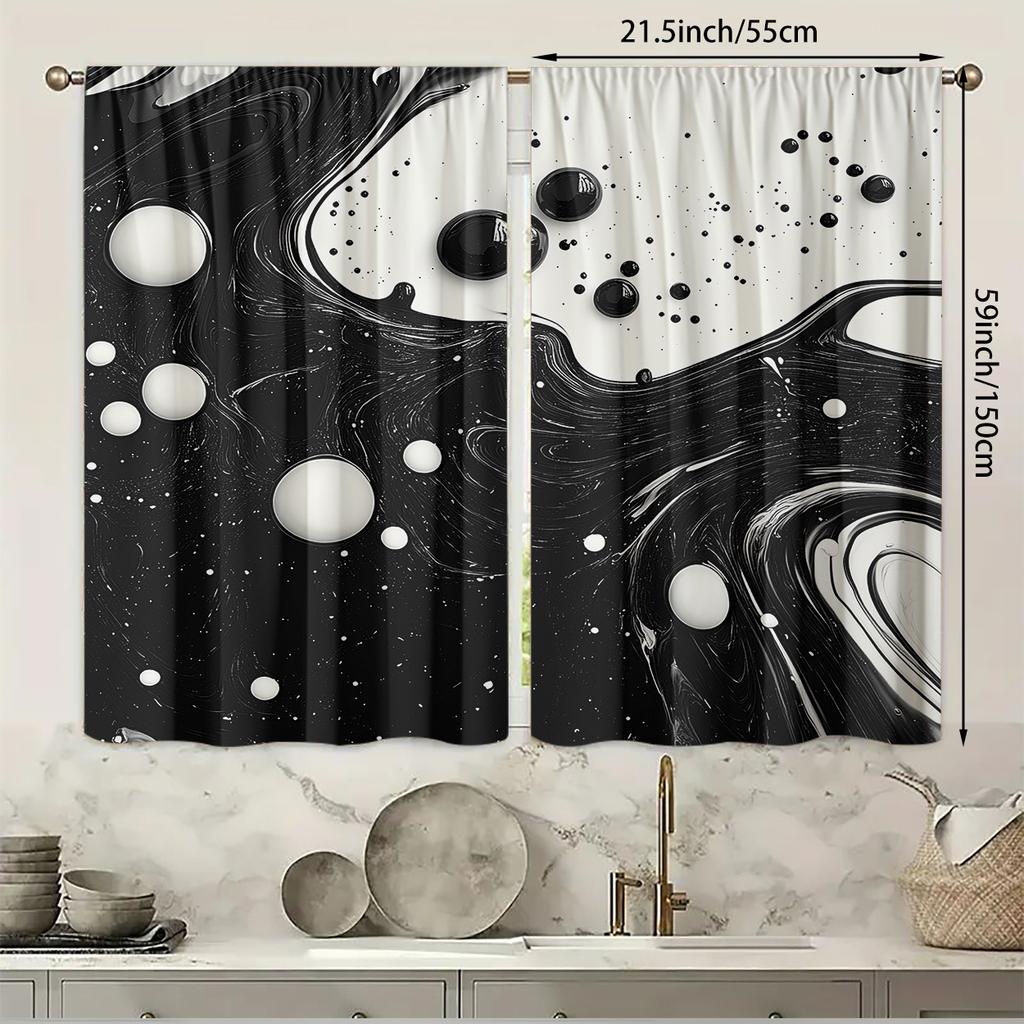 2Pcs Art Deco Black And White Ink Pattern Printed Curtains, Light-Filtering Rod Pocket Peach Skin Velvet Drapes, Machine Washabl
