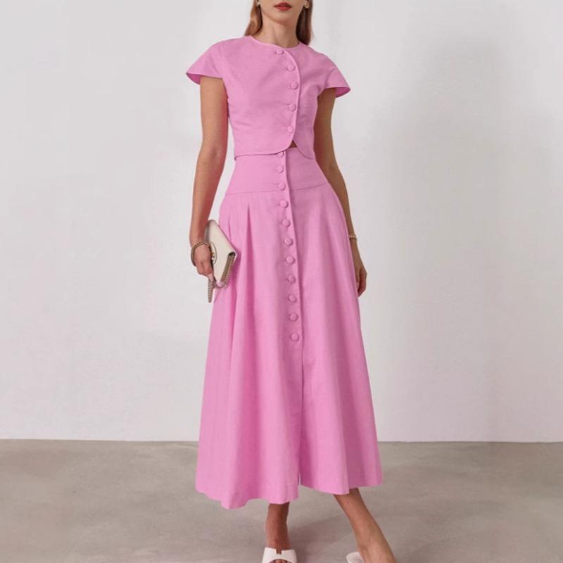Temperament Elegant A-shaped Long Dress Set Women's Autumn Pink Top Skirt Two-piece Set Women's Clothing