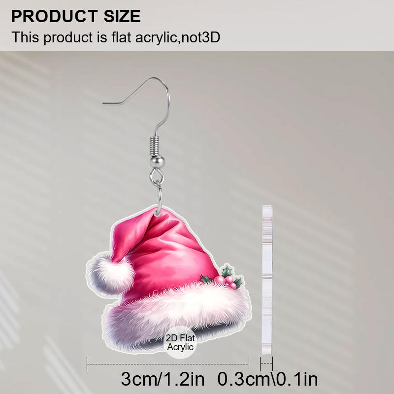 2D Flat Acrylic Cute Pink Christmas Hat Dangle Earrings, A Festive Gift for Women, Perfect As Holiday Party Jewelry.