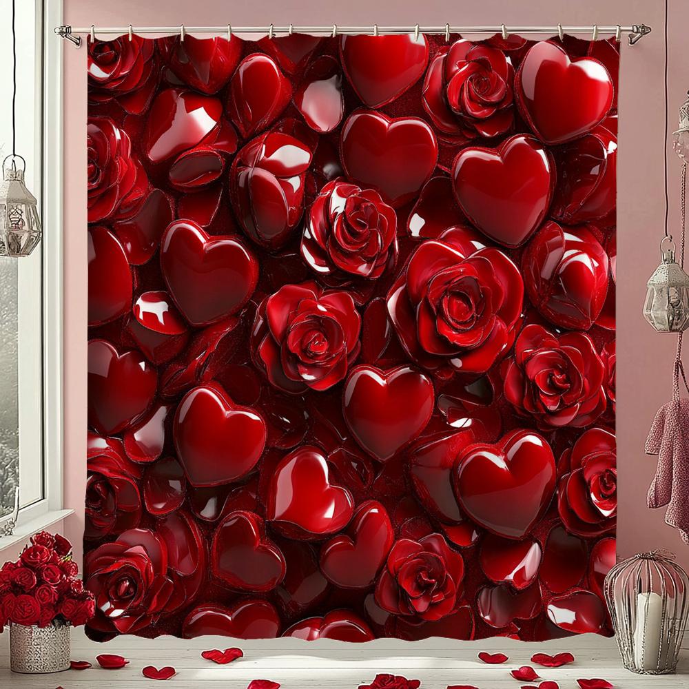 

Pink Fantasy Rose Flower Heart Gemstone Shower Curtain, Bathroom Decorative Shower Curtain, Waterproof Shower Curtain With Hooks W60H190(CM)-1 Pcs