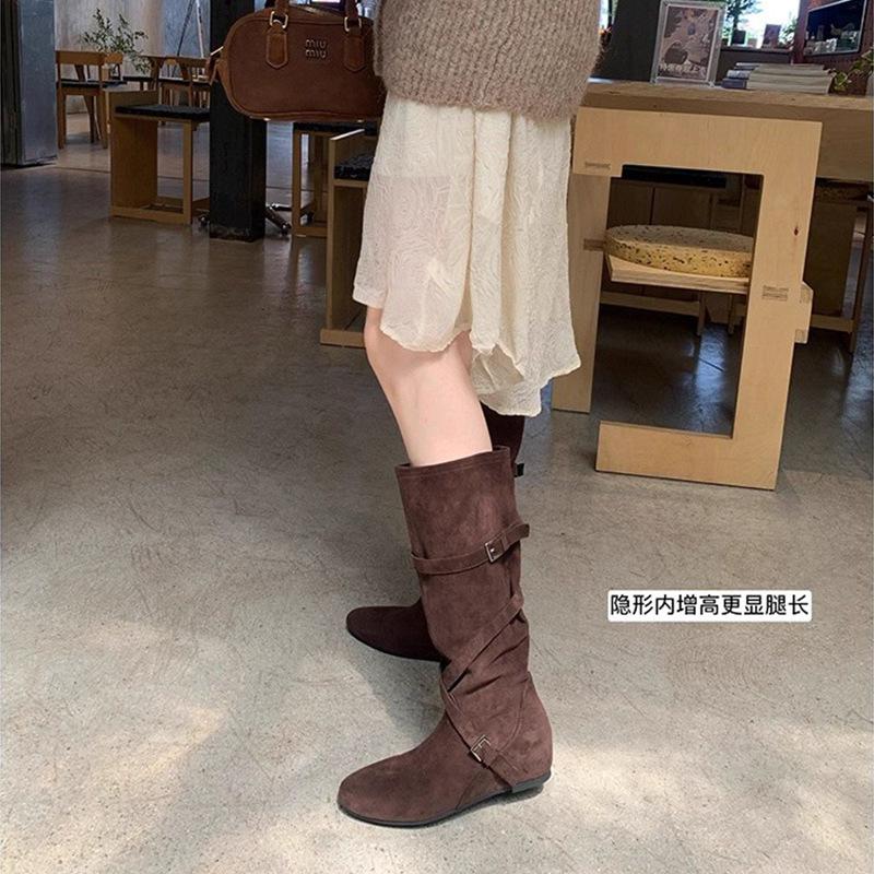 Inner Heightening Boots Women's 2025 New Autumn Retro Versatile Stacking Boots Belt Buckle Slim Tall Knight Boots