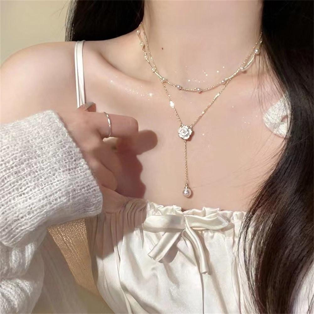 Women Double-layer Tassel Pearl Camellia Necklace Clavicle Chain Choker Neck Jewelry