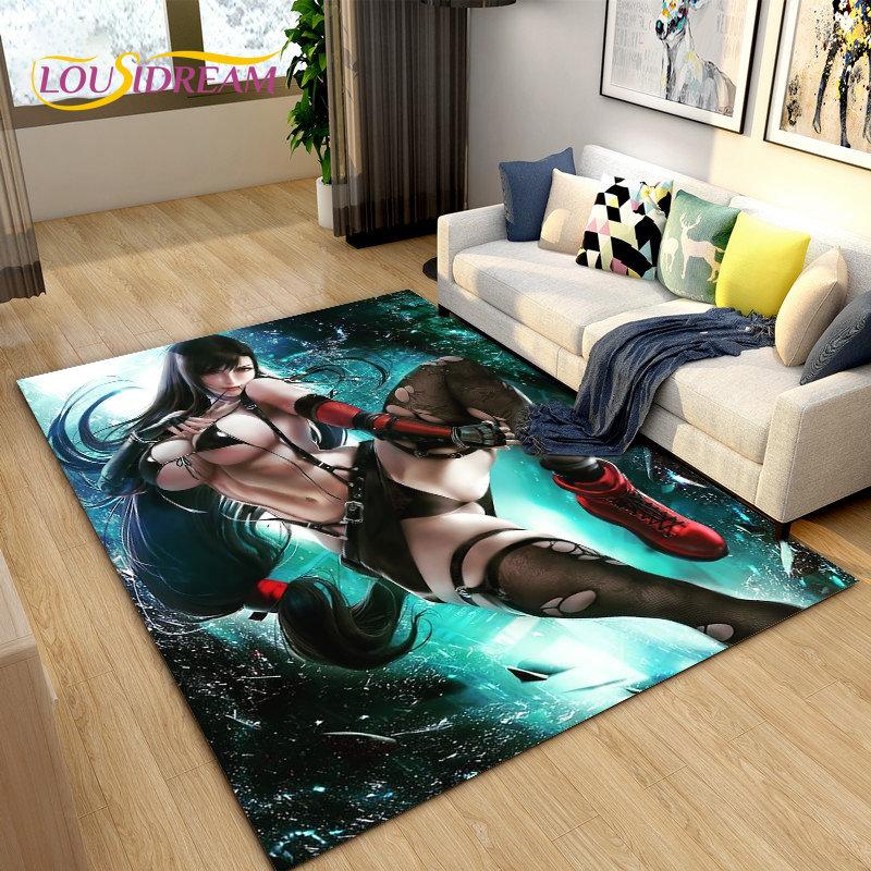 Sexy Girl Lace Tifa Aerith Anime Area Rug,Carpet Rug for Living Room Bedroom Sofa Doormat Decoration, Kids Non-slip Floor Mat 3D