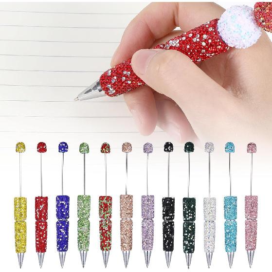12 Pcs Beadable Pens, Glitter Full Rhinestone Beaded Pens, DIY Craft Fancy Ballpoint for Crystal, Plastic, Rhinestones Beads, Cute Trendy School