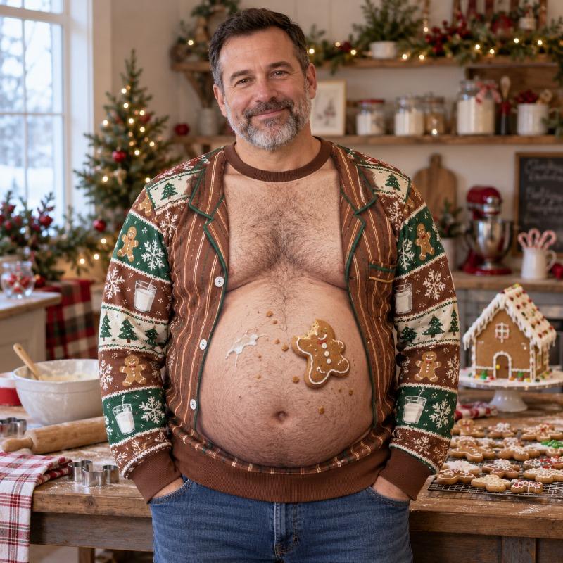 Funny Santa Cookie Belly Ugly Christmas Sweater Men 3D Print Polyester Crewneck Sweatshirt Holiday Party Pullover