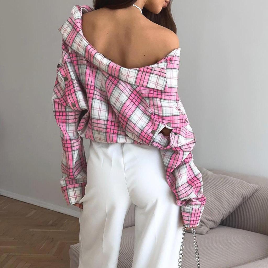 Women's Versatile Pink Plaid Loose Shirt with Removable Long Sleeves and Lapel