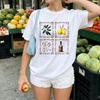 Women Cotton T Shirt Vintage Four Grid Frame Olive Branch Lemon Pasta Wine Bottle Mediterranean