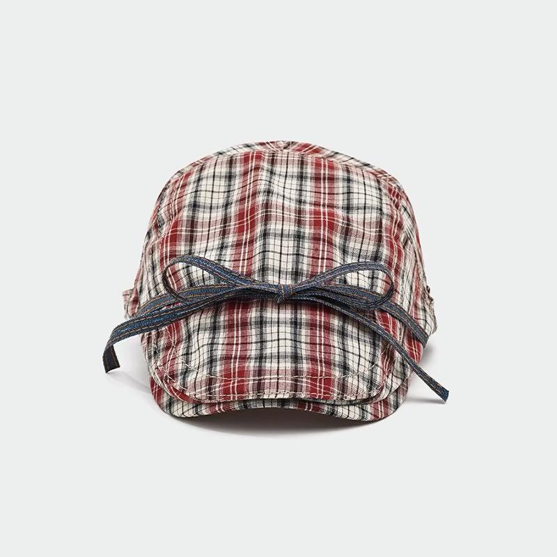 Bow Tie, Plaid, Forward Hat, Female, Sweet, Thin, Reverse Beret, Duckbill Hat