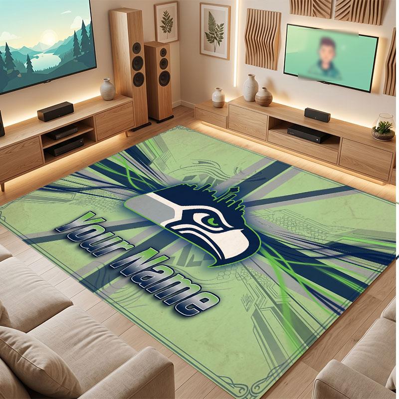 Seattle Seahawks Personalized Crystal Velvet Carpet, Customized Name Text Soft Anti‑Slip Rug for Living Room Bedroom