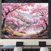 Tapisserie Lac aux Fleurs de Cerisier Style Asiatique 2D Arbre Sakura Rose Romantique Art Mural pour Décoration de Chambre Esthétique et Toile de Fond de Fête