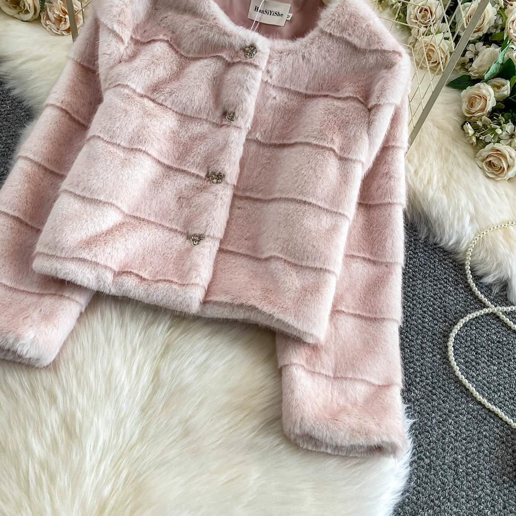 Autumn Winter Women Luxury Soft Mink Faux Fur Warm Short Jacket Diamond Button Single Breasted Christmas Outerwear Coat