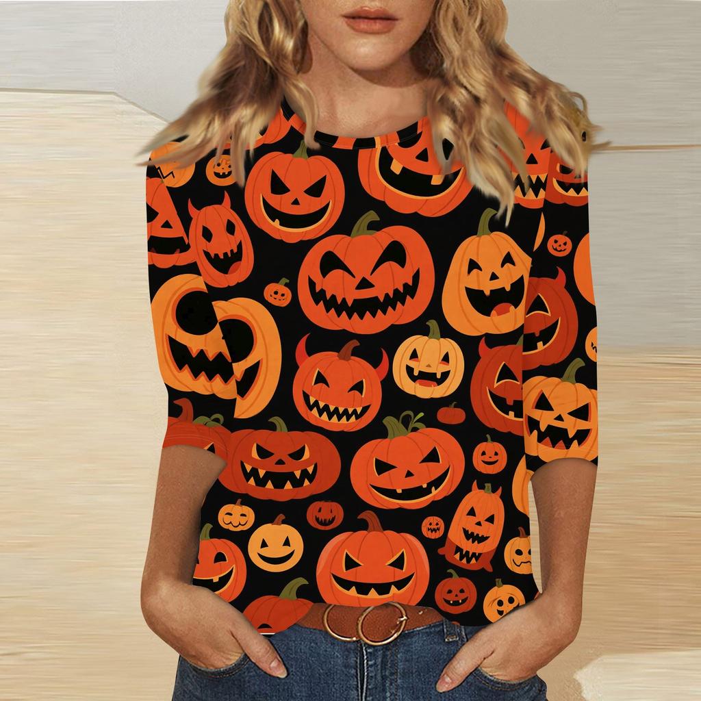 Women's Fashion Casual Three-quarter Sleeve Halloween Printed Round Neck Top