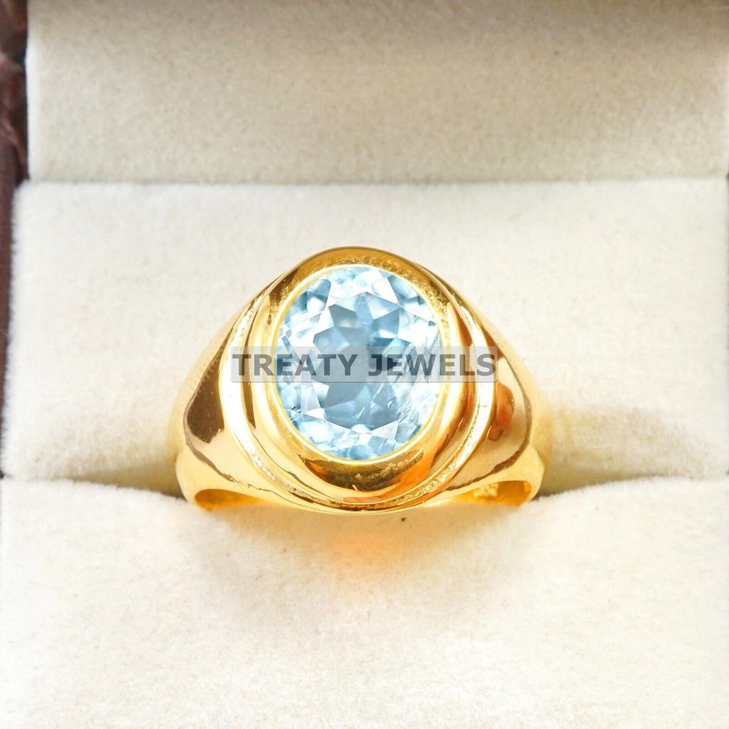 Aquamarine Oval Cut With 925 Sterling Silver Gold Plated Ring For Men's #A756 JL375659101958
