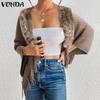 VONDA Women Long Sleeve Fluffy Tassel Splicing Open Front Casual Knitted Sweaters Cardigans