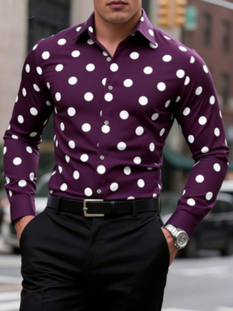 Men's Polka Dot Shirt Casual, Breathable, Comfortable, Fashionable and Trendy Men's Long Sleeved Shirt, Lapel Shirt